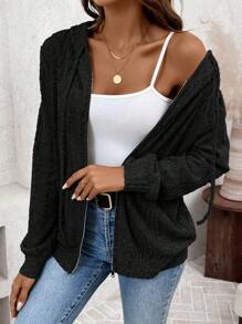 SHEIN LUNE Asymmetrical Brushed Ribbed Grey Zip-Up Hoodie For Women - Black - View 3