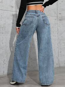 SHEIN EZwear Women Casual Button Waist Belt Pocket Straight Leg Jeans For Street Fashion - Blue - View 2