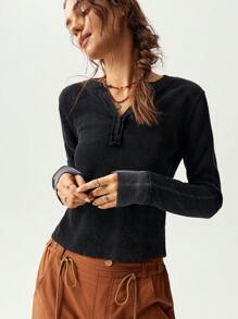 Bohemela Women's Vacation V-Neck Long Sleeve T-Shirt For Autumn - Black - View 6