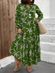 Breezaya 加大码前扣长袖褶饰印花宽松长连衣裙 - 墨綠色 - 查看 4