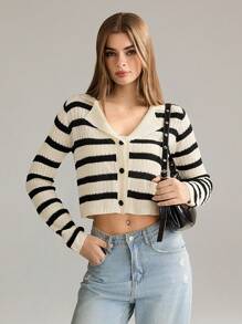 TRNVIE 1 件女士休闲简约舒适黑白条纹翻领前纽扣短针织开衫，秋冬 - 彩色 - 查看 5