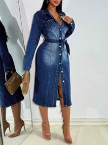 SHEIN EZwear Áo khoác & áo khoác denim nữ Áo khoác dài tay midi Áo khoác denim xanh midi Áo khoác dài nữ Trang phục dạ hội Halloween Quần áo mùa thu Áo khoác nữ - Rửa trung bình - Xem 6