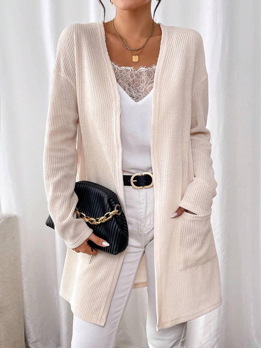 Chiquease Women Spring/Autumn Loose Solid Color Drop Shoulder Long Sleeve Pocket Casual Jacket - Apricot - View 1