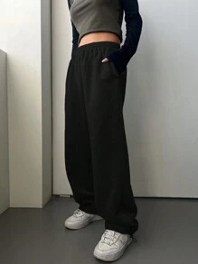 DAZY 女士弹力腰直筒休闲时尚街头风黑色运动裤，保暖内衬秋冬女士慢跑裤 - 黑色 - 查看 2