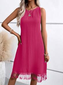 SHEIN LUNE 纯色圆领流苏下摆无袖夏装 - 玫紅色 - 查看 3