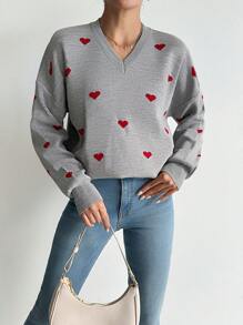 EURMUSE Heart Pattern Drop Shoulder Sweater - Grey - View 4