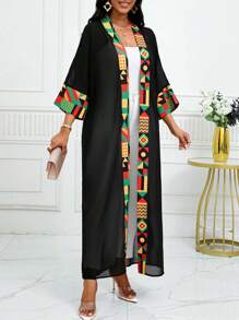 SHEIN Lady 四季女士长袖女士紧身衣秋季衣服图腾非洲印花拼布和服罩衫夏季