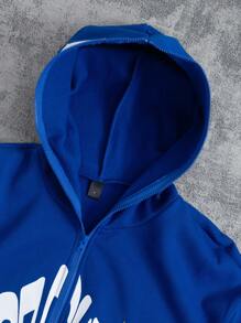 Manfinity Homme 男士大码休闲字母印花羊毛连帽夹克和裤子套装，秋冬 - 藍色 - 查看 6