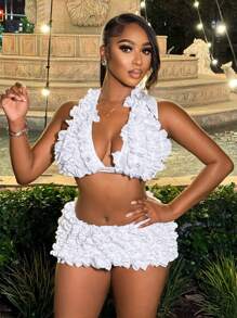 BamGleam 2pcs Women Elegant, Romantic, Sexy, Lace Mini Dress Party Set, In White For Holiday Party Clothes - White - View 3