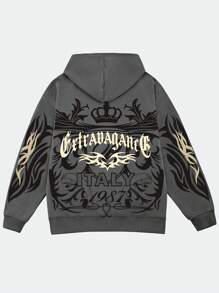 ROMWE MEN Street Life Men Watermark + Foaming Print Pattern Loose Fit Hoodie Sweatshirt, Vintage Streetwear (Reinforced Collar, Hem And Shoulder Seams To Prevent Deformation) - Black - View 3