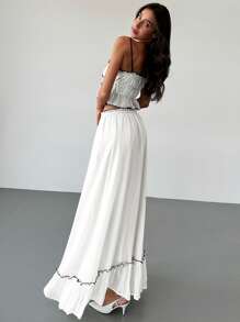 Aloruh 2pcs Women Romantic Date & Vacation Contrasting Texture Multi-Layered Contrasting Trim Camisole + Contrasting Trim Ruffle Skirt Set - White - View 2