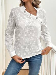 SHEIN Clasi 女式不对称领刺绣长袖衬衫，白色 - 白色 - 查看 3