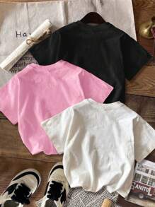 SHEIN EZwear Bộ 3 Áo thun nữ cổ tròn tay ngắn in hình nhện Halloween tối giản giản dị, bó sát, mùa hè/thu - Nhiều màu - Xem 7