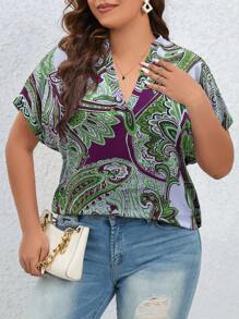 SHEIN LUNE Áo sơ mi tay ngắn cổ chữ V in họa tiết toàn thân cỡ lớn, mùa hè - Nhiều màu - Xem 3