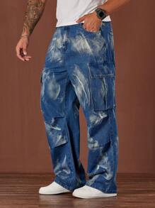 Manfinity EMRG Men's Plus Vintage Washed Baggy Jeans With Multiple Pockets, Medium Blue - Teal Blue - View 4