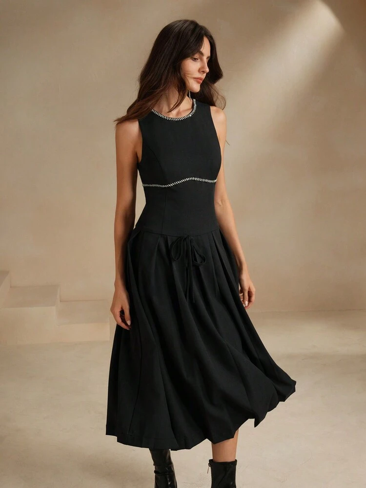 Women's Spring/Autumn French Style Waist Cinched Rhinestone Decoration Grey Sleeveless Dress