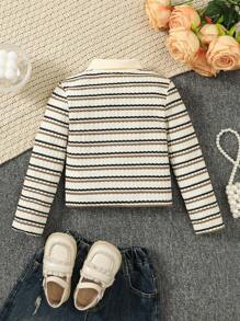 SHEIN 年轻女孩翻领条纹短款修身 T 恤，适合日常休闲穿着，秋季 T 恤 - 白色 - 查看 2