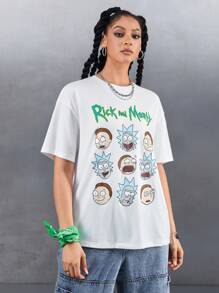 Rick and Morty X SHEIN FALL Multiverse White Loose Shoulder Portrait Print T-Shirt