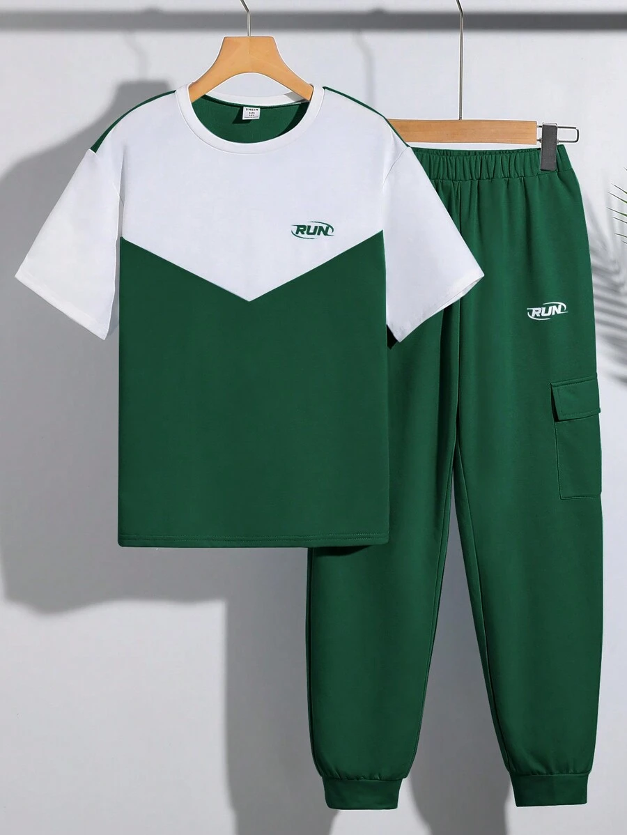 SHEIN Leap Crew 2pcs Tween Boy Loose Fit Graphic Print Crew Neck Tee And Pants Set - Dark Green - View 1