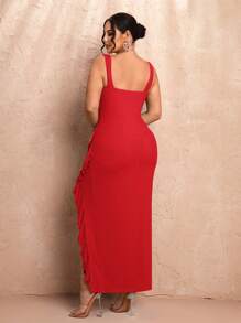 SHEIN BAE Plus Size Women Ruffle Trim Slit Dress - Red - View 2