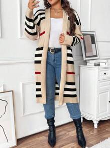 Calvaya Cárdigan de punto suelto y de manga larga con hombros caídos a rayas, de estilo elegante para mujer de tallas grandes, para el invierno