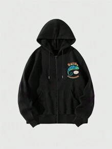 Vincenttrinidadart Stylish And Fun Lizard Print Letter Hooded Long Sleeve Zipper Sweatshirt For Street Wear - Black - View 2