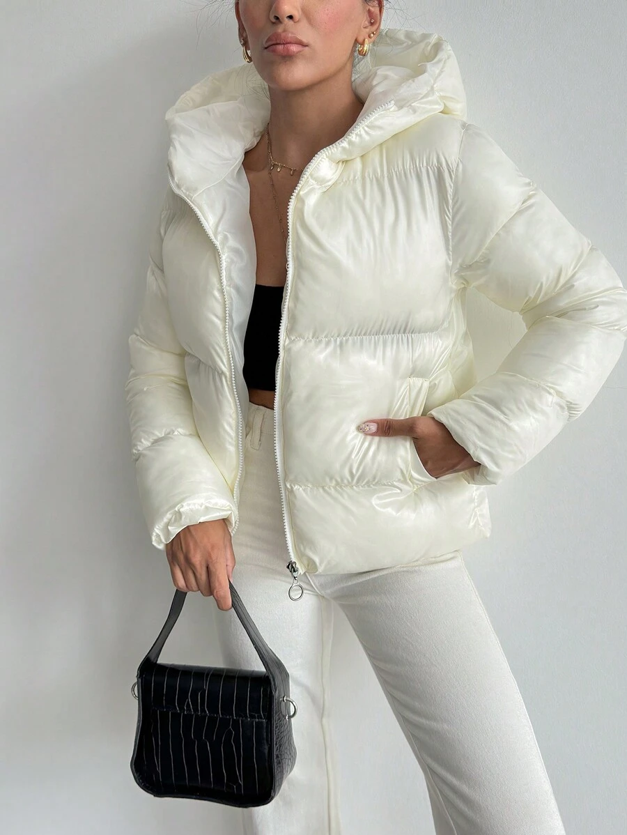 RueChic Zip Up Hooded Puffer Coat - White - View 1