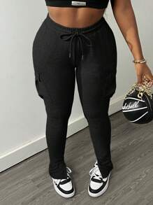 Slaydiva Quần nữ có túi xẻ mùa thu/đông cơ bản tối giản - C - màu đen - Xem 5