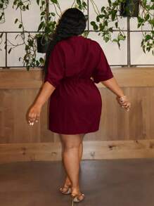 Slaydiva Plus Size Party & Elegant Commute Solid Fitted V-Neck Drawstring Waist Women's Mini Dress, Summer - Burgundy - View 2