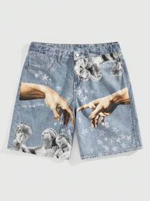 ROMWE MEN Street Life Men's Statue & Hand Print Pocket Decor Casual Denim Shorts Jorts, Summer
