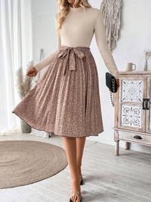 SHEIN Clasi Women's Spring/Summer Leopard Print Pleated Hem Stand Collar Casual Dress With Long Sleeves - Apricot - View 3