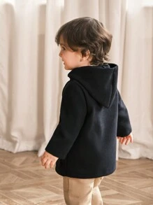 SHEIN 1 peça para bebês meninos com capuz de cor sólida com botão casual jaqueta macia roupa de manga comprida, adequada para brincadeiras ao ar livre de outono e inverno, férias, uso casual diário - Azul - Ver 2