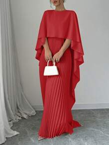 Elenzga 优雅女士纯色斗篷袖褶边连衣裙，女士优雅褶皱无袖圆领常规版型长款红色斗篷袖纯色 A 字女式长裙，春/秋，休闲日常装新年服装长款女装 - 紅色 - 查看 6