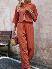SHEIN LUNE Textured Linen Double-Breasted Casual Women's Outfit, 2pcs - Orange - View 6