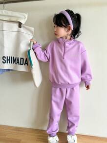 SHEIN 2 pièces/set Sweat-shirt ample à col montant simplifié avec zip et pantalon de survêtement effilé, décontracté et confortable pour jeune fille, pour les activités quotidiennes et la course en automne - Prune - Voir 4