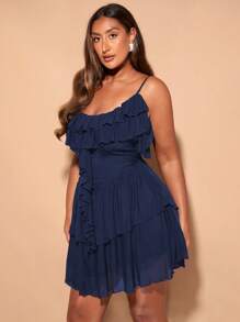 SHEIN BAE Plus Size Women's Solid Color Summer Sweet Girl A-Shaped Cake Lotus Leaf Suspender Stretch Mesh Short Dress