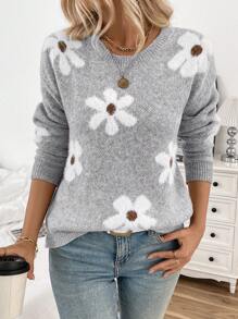 EMERY ROSE 女士休闲蓬松花朵图案圆领落肩长袖针织套头毛衣，秋冬款