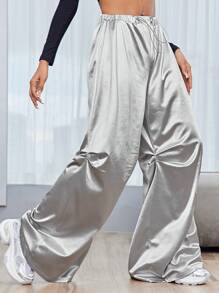 SHEIN Essnce 女士休闲时尚银色抽绳百褶休闲运动宽松裤特长拖地裤降落伞裤阔腿女裤秋季女装 - 銀色 - 查看 2