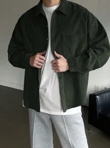 DAZY Camisa casual de manga larga con botones y bolsillo de unicolor para hombres, ropa de otoño, ropa de vuelta al colegio - Verde - Ver 3