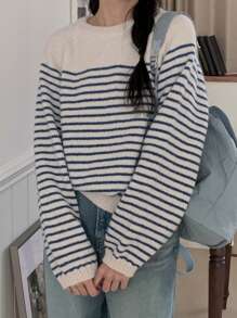 DAZY Women Round Neck Striped Oversized Sweater Fall - Blue - View 8