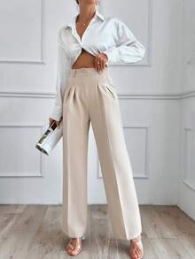 EURMUSE Pantalones de pierna ancha con pliegues frontales para mujer - Beis - Ver 5