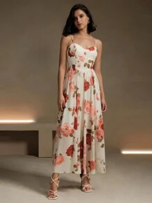 Anewsta Vestido de tirantes de mujer con elegante estampado de rosas y flores, para el verano - Blanco - Ver 4