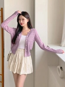 Cárdigan casual de mujer con nudo de punto y cierre de botón de una hilera, manga larga, otoño/invierno - Morado - Ver 5