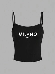 Slaydiva MILANO Women Sexy Slogan Pattern Camisole Tight Fitting Cami Top, Suitable For Summer Back To School