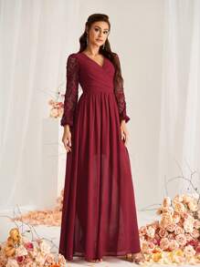 SHEIN Belle 勃艮第红女装浪漫优雅酒红色雪纺面料拼接水溶蕾丝面料，重叠V领，蕾丝长袖，松紧袖口，腰部侧绑带，A字下摆，适合婚礼活动万圣节伴娘礼服 - 酒紅色 - 查看 6