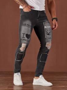 Manfinity LEGND Jeans pitillo de calle negros de denim con estampado de letras para hombres - Negro - Ver 7