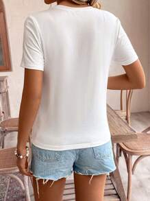 SHEIN Frenchy Women Thread Embroidery Heart Print Casual Daily Wear Short Sleeve T-Shirt, Embroidered Top  T-Shirt Summer Tops Thanks Giving - Black and White - View 4