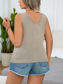 Calvaya Blusa de punto de unicolor sin mangas de talla grande para verano - Caqui - Ver 3