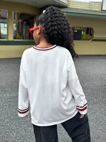 SHEIN Tween Girls Retro Collegiate Casual V-Neck Short Sleeve Blouse