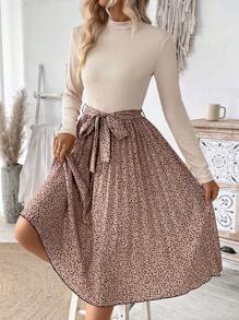 SHEIN Clasi Women's Spring/Summer Leopard Print Pleated Hem Stand Collar Casual Dress With Long Sleeves - Apricot - View 5